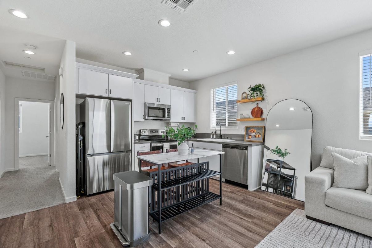 Interior, Kitchen, Living room, Recessed Lighting, Stainless Steel Appliances, Wood Texture Flooring