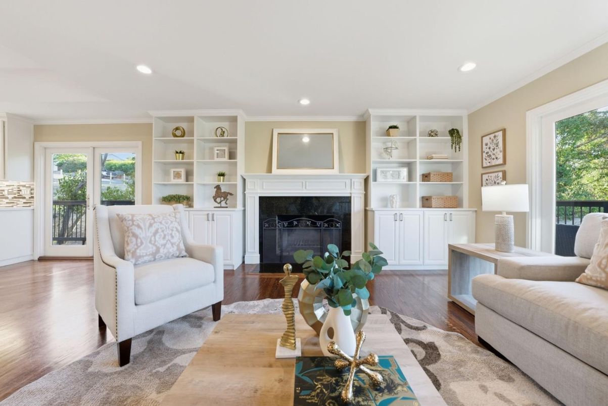 Fireplace, Interior, Recessed Lighting, Wood Texture Flooring