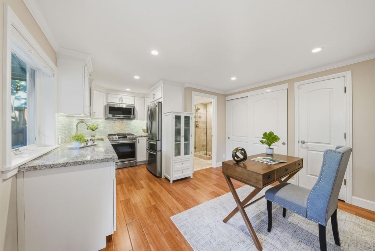 Interior, Kitchen, Recessed Lighting, Stainless Steel Appliances, Wood Texture Flooring