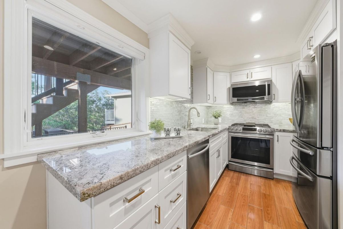 Interior, Kitchen, Recessed Lighting, Stainless Steel Appliances, Wood Texture Flooring