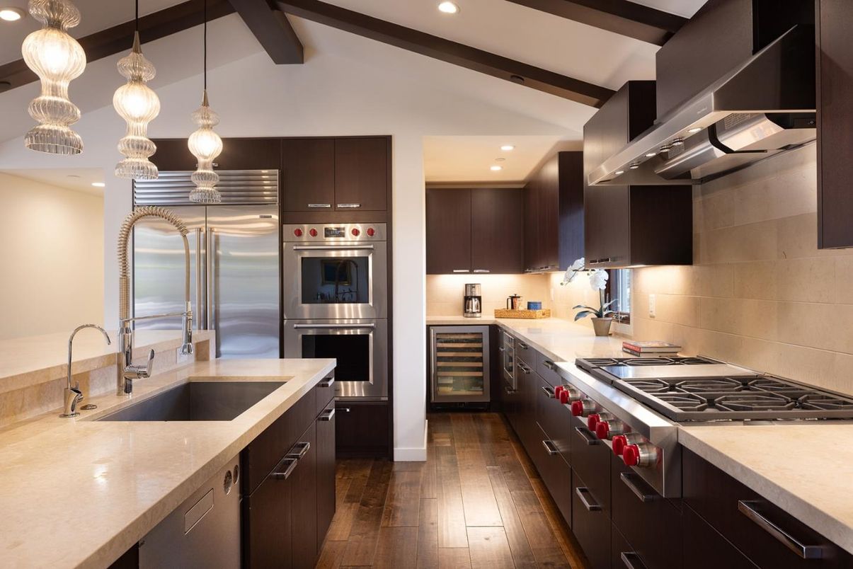 Interior, Kitchen, Pendant Lights, Recessed Lighting, Stainless Steel Appliances, Wooden Beams, Wood Texture Flooring