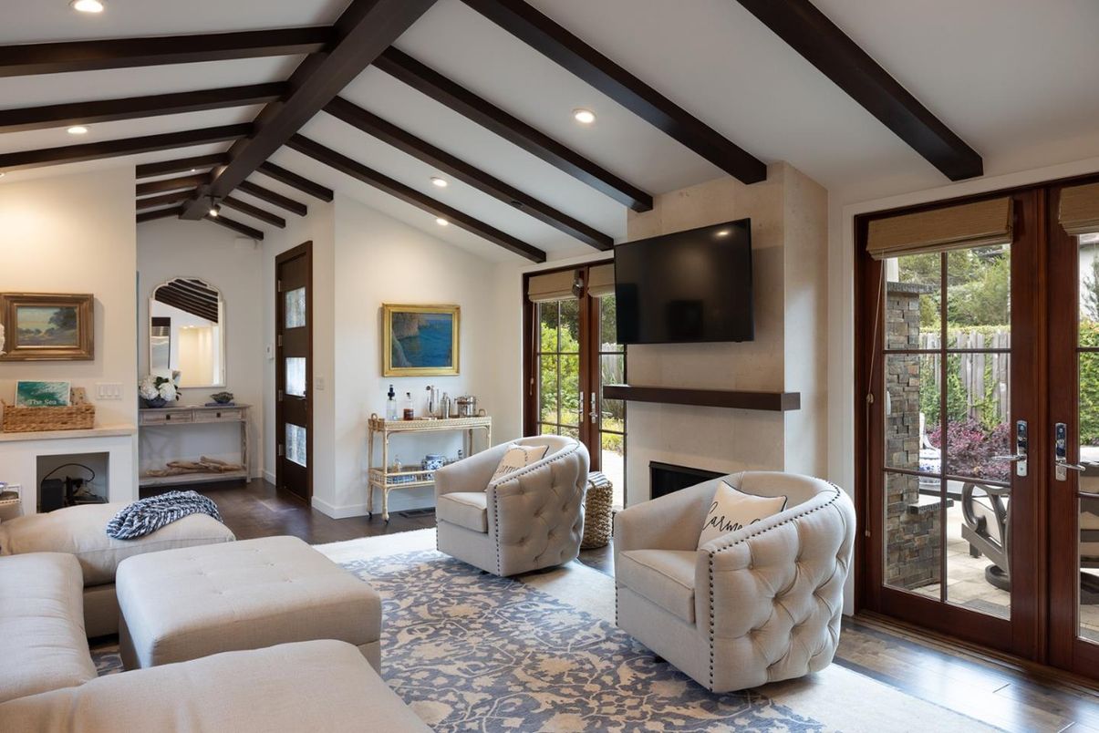 Fireplace, Interior, Living room, Recessed Lighting, Wooden Beams, Wood Texture Flooring