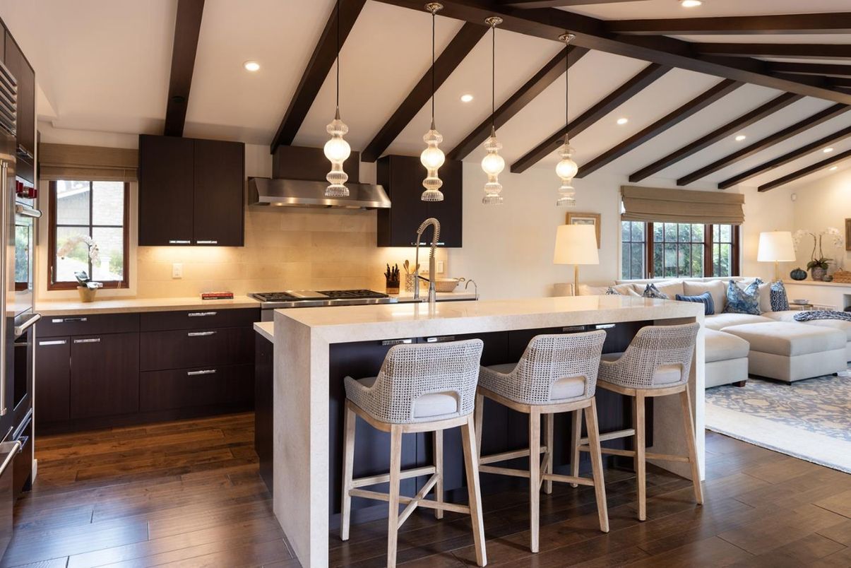 Interior, Kitchen, Living room, Pendant Lights, Recessed Lighting, Stainless Steel Appliances, Wooden Beams, Wood Texture Flooring