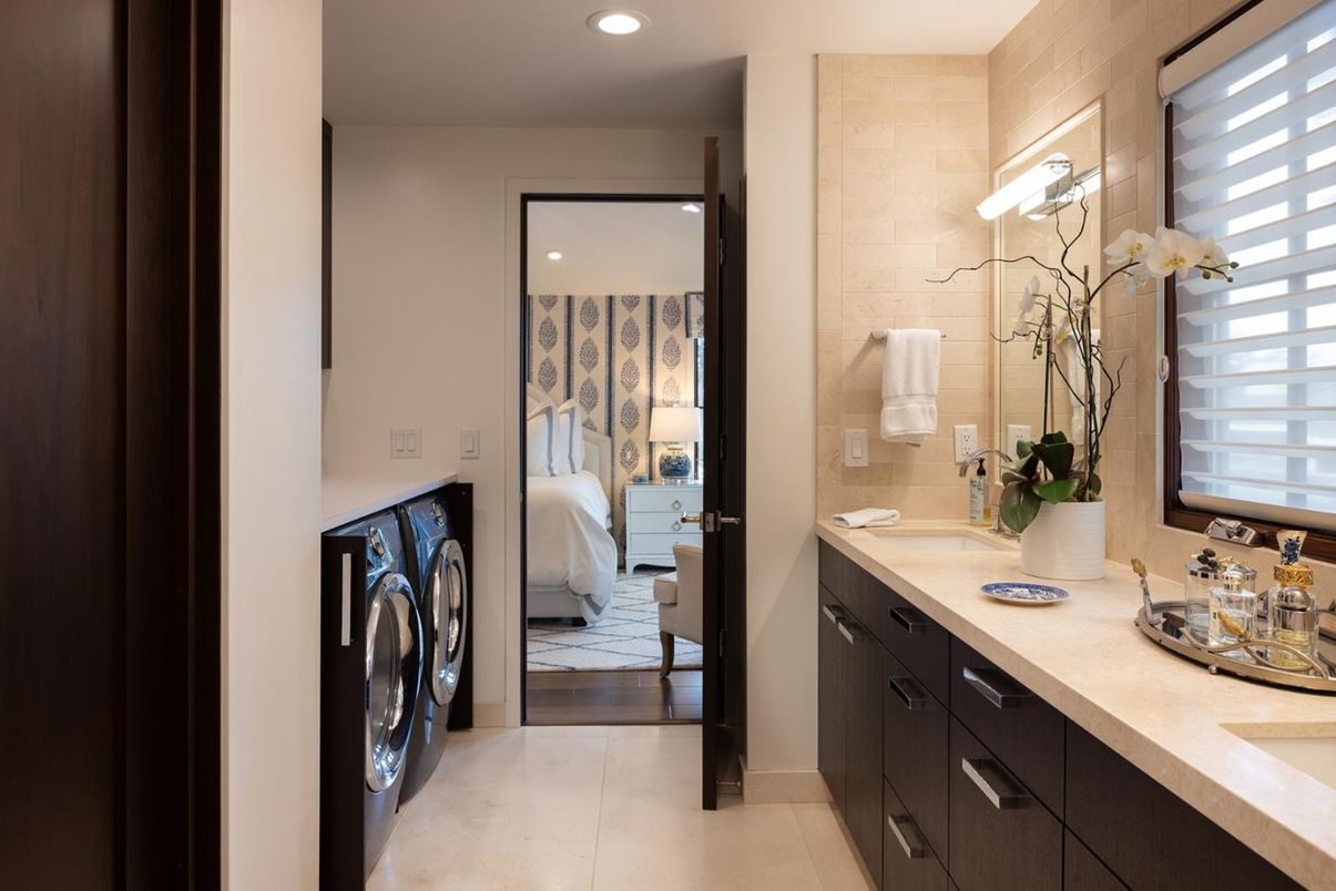 Bathroom, Dual Sink Vanities, Interior, Recessed Lighting, Wood Texture Flooring