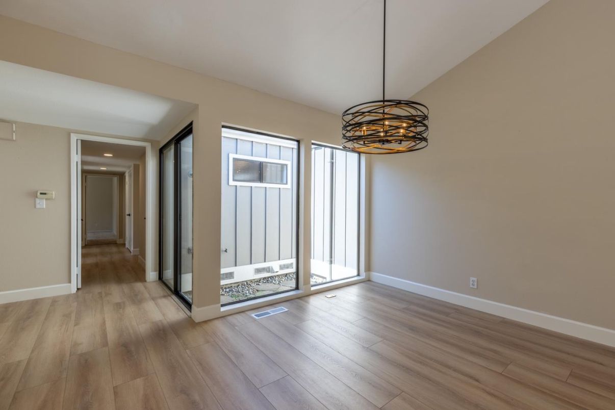 Empty room, Interior, Pendant Lights, Recessed Lighting, Wood Texture Flooring