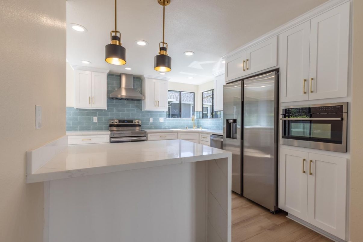 Interior, Kitchen, Pendant Lights, Recessed Lighting, Stainless Steel Appliances, Wood Texture Flooring