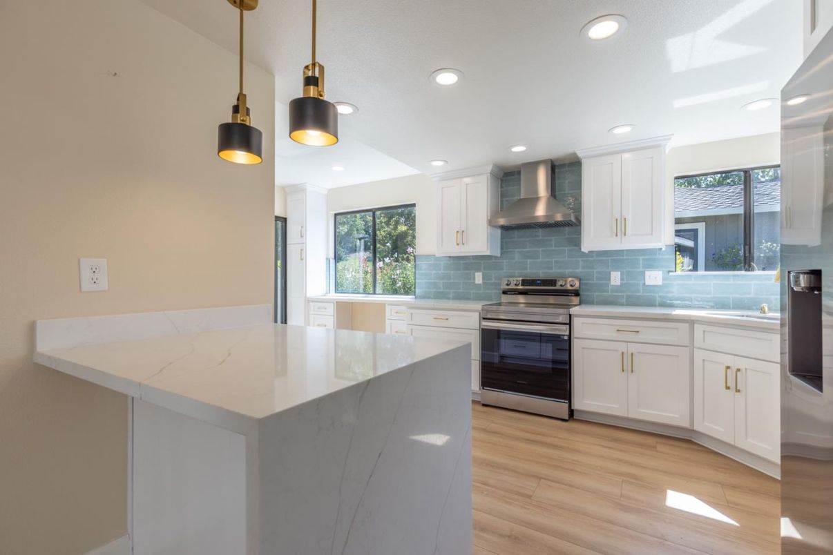 Interior, Kitchen, Pendant Lights, Recessed Lighting, Stainless Steel Appliances, Wood Texture Flooring