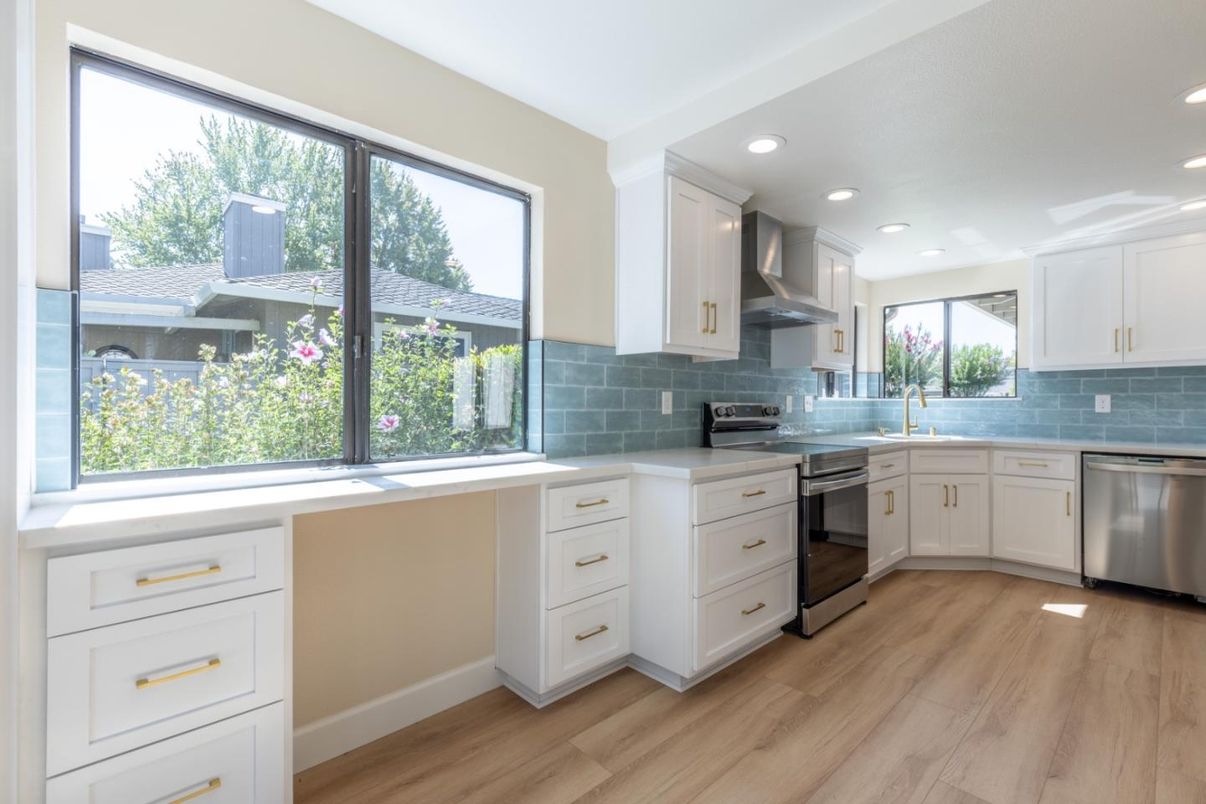 Interior, Kitchen, Recessed Lighting, Stainless Steel Appliances, Wood Texture Flooring