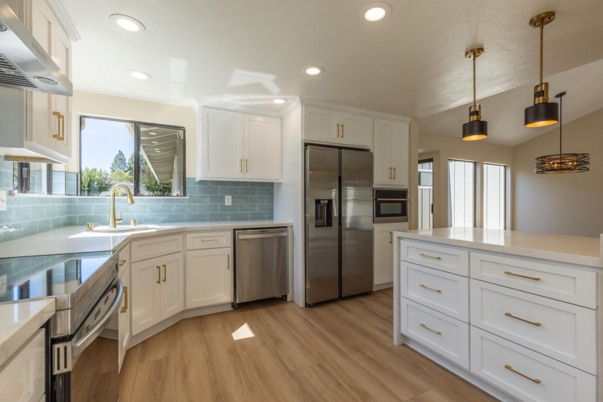 Interior, Kitchen, Pendant Lights, Recessed Lighting, Stainless Steel Appliances, Wood Texture Flooring