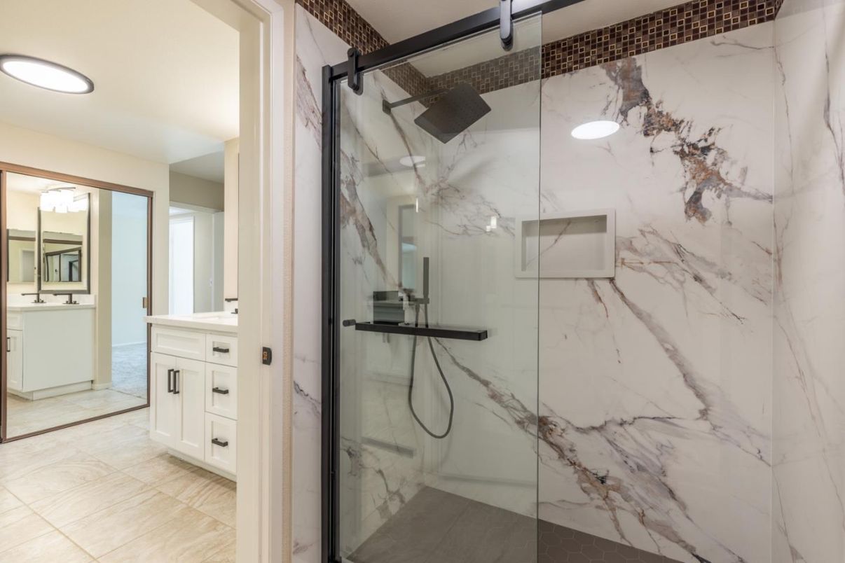 Bathroom, Glass Shower, Interior, Marble Walls, Recessed Lighting