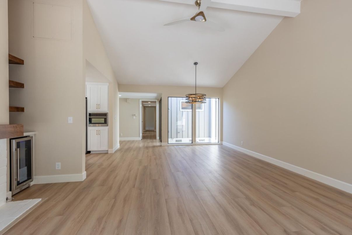 Empty room, Interior, Pendant Lights, Wood Texture Flooring