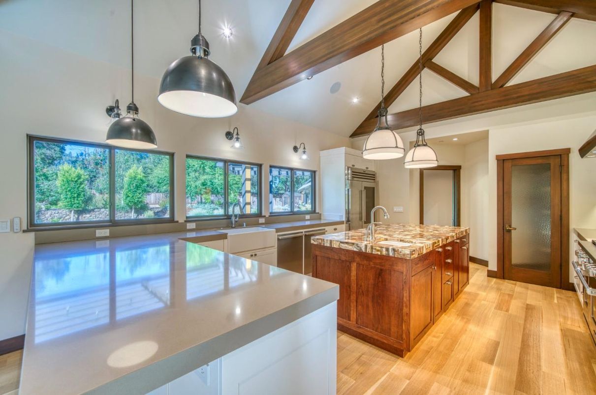 Interior, Kitchen, Pendant Lights, Recessed Lighting, Wooden Beams, Wood Texture Flooring