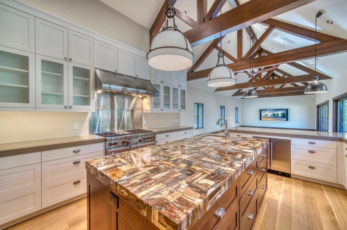 Interior, Kitchen, Pendant Lights, Stainless Steel Appliances, Wooden Beams, Wood Texture Flooring