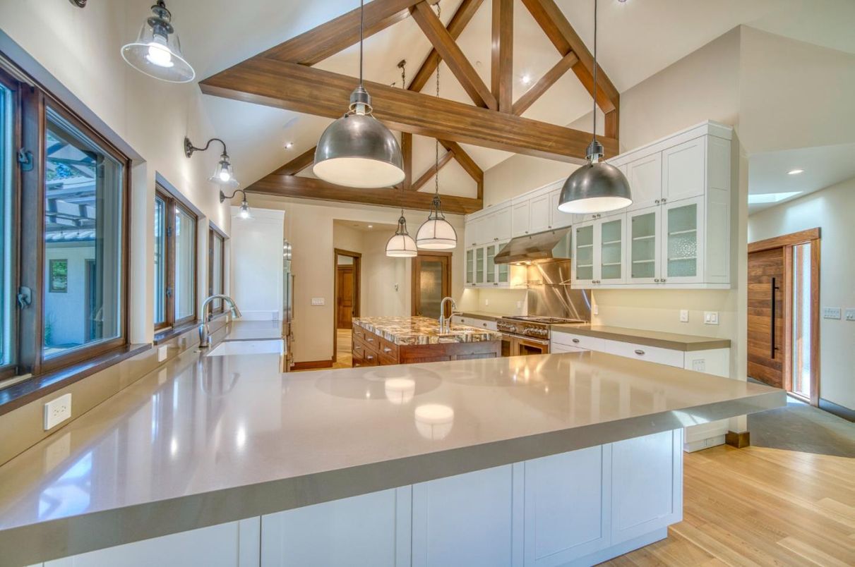 Interior, Kitchen, Pendant Lights, Recessed Lighting, Wooden Beams, Wood Texture Flooring