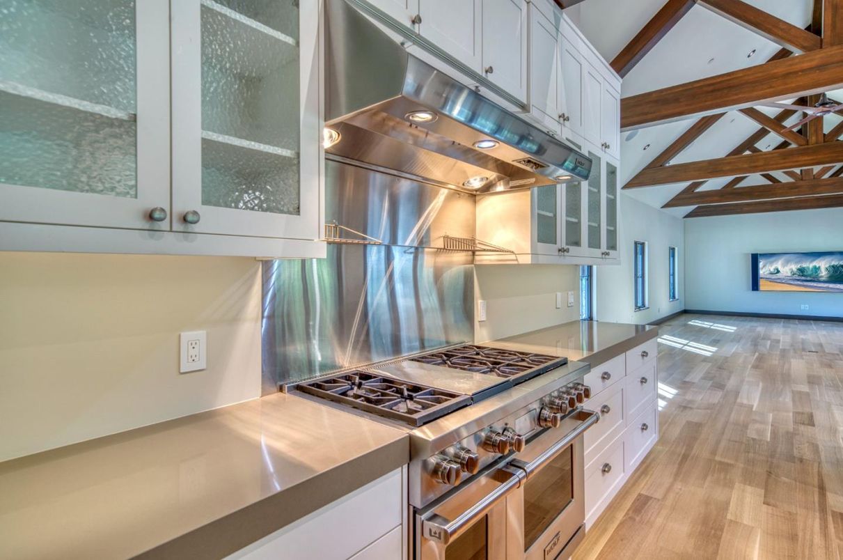 Interior, Kitchen, Pendant Lights, Stainless Steel Appliances, Wooden Beams, Wood Texture Flooring