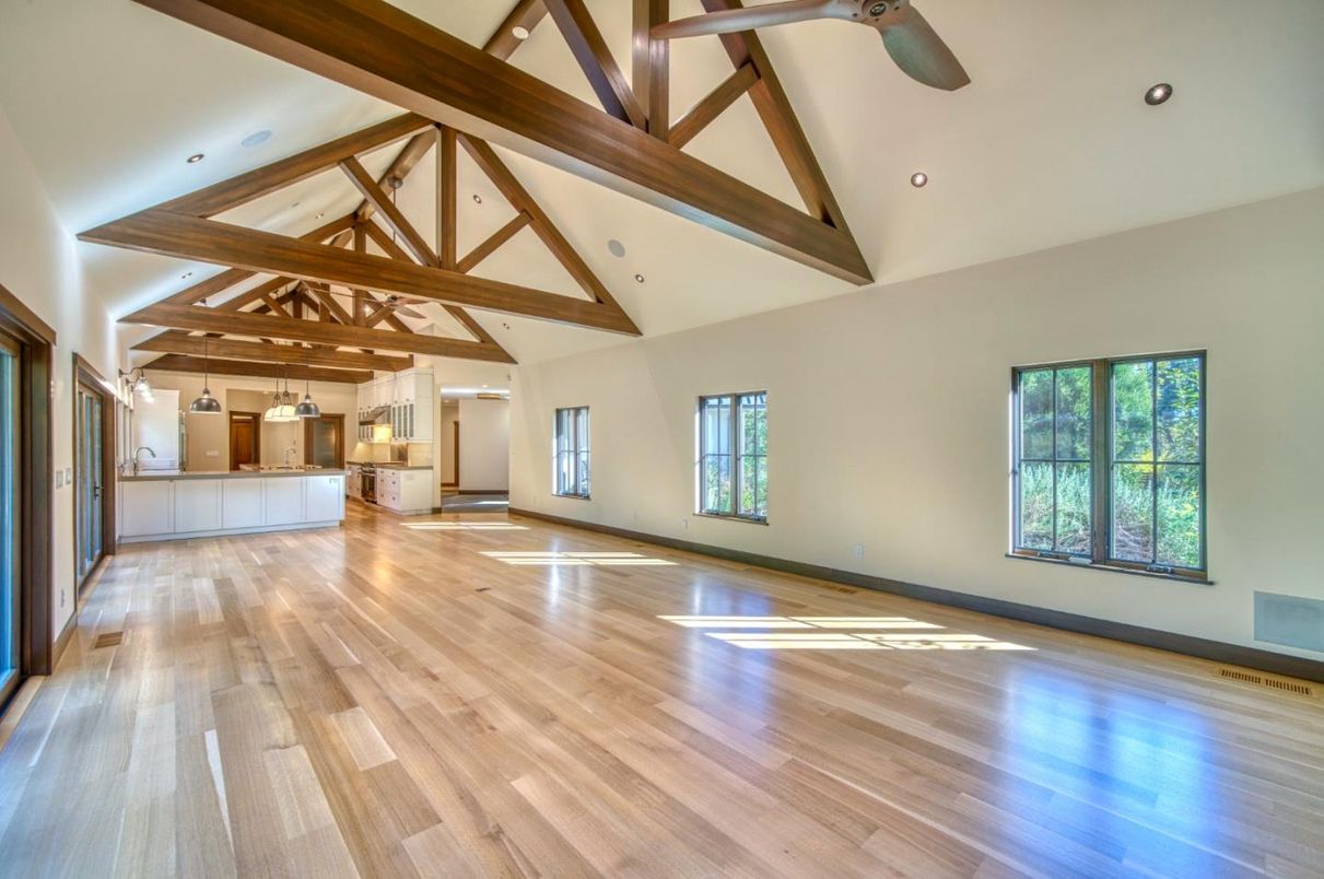 Empty room, Interior, Kitchen, Pendant Lights, Recessed Lighting, Wooden Beams, Wood Texture Flooring