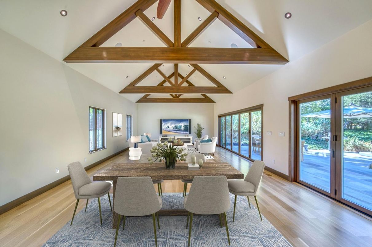 Dining room, Fireplace, Interior, Living room, Recessed Lighting, Wooden Beams, Wood Texture Flooring