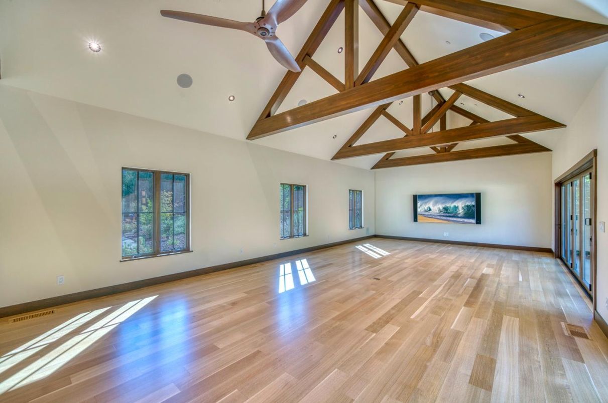Empty room, Interior, Recessed Lighting, Wooden Beams, Wood Texture Flooring