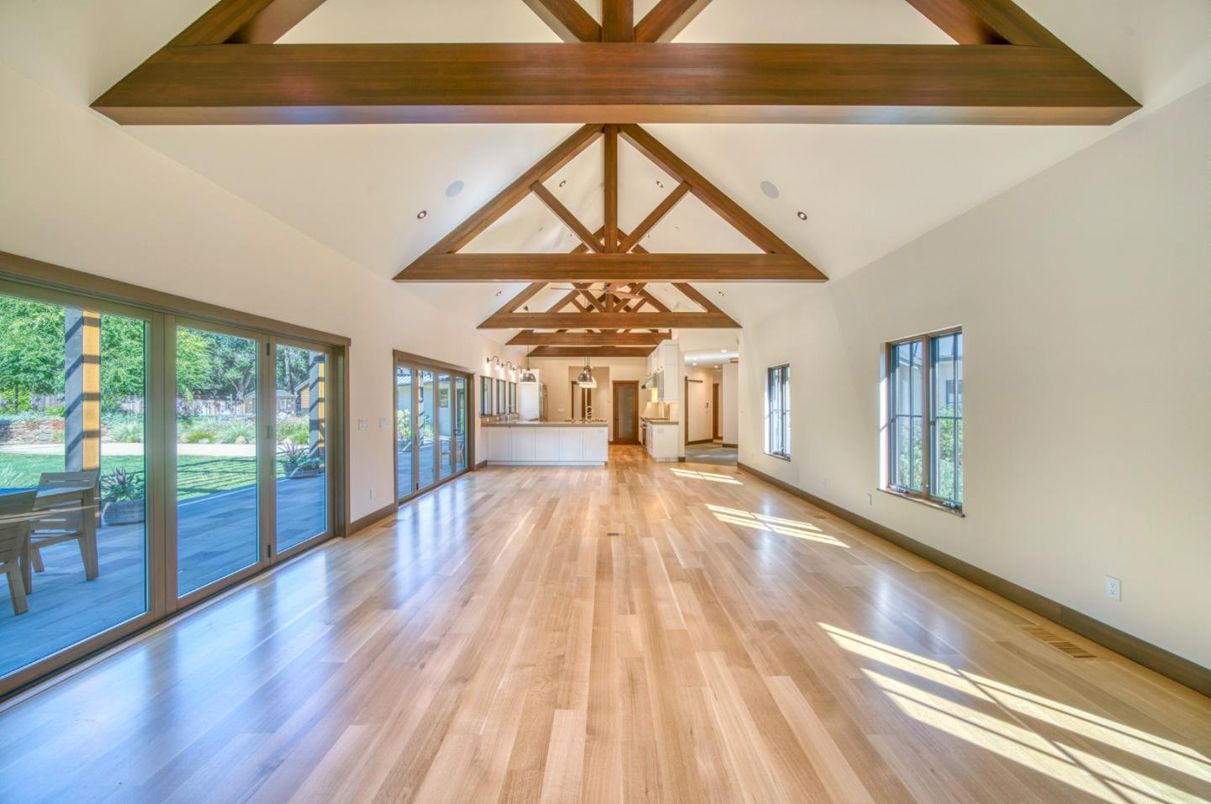Empty room, Interior, Pendant Lights, Wooden Beams, Wood Texture Flooring