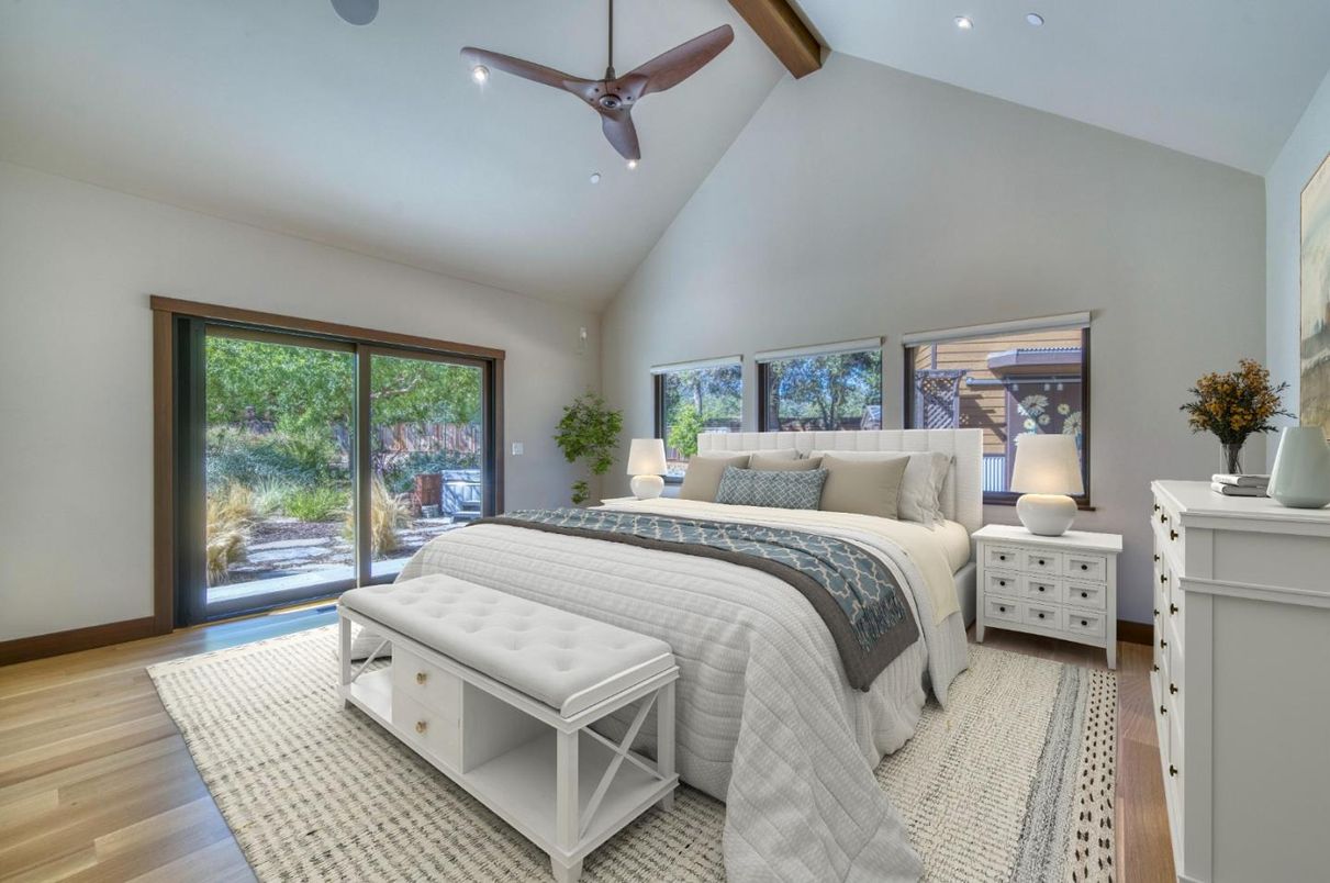 Bedroom, Interior, Recessed Lighting, Wooden Beams, Wood Texture Flooring
