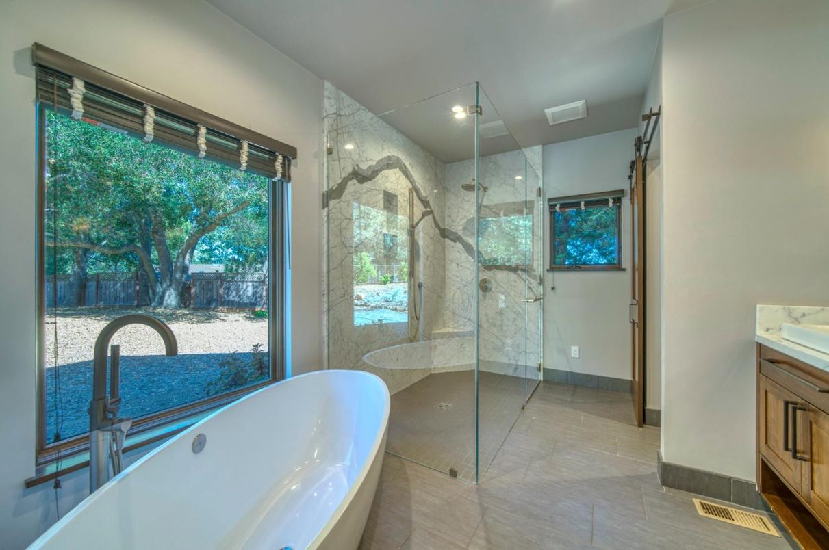 Bathroom, Free Standing Baths, Glass Shower, Interior, Marble Walls, Recessed Lighting