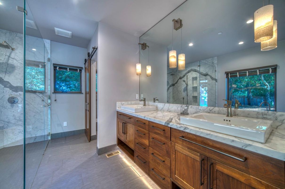 Bathroom, Dual Sink Vanities, Glass Shower, Interior, Marble Walls, Pendant Lights, Recessed Lighting