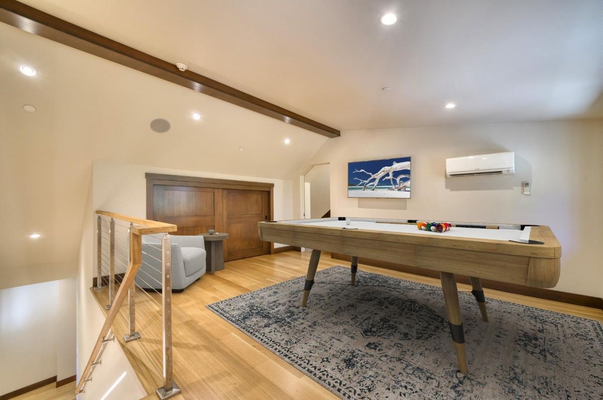 Billiard Table, Game Room, Interior, Recessed Lighting, Wooden Beams, Wood Texture Flooring