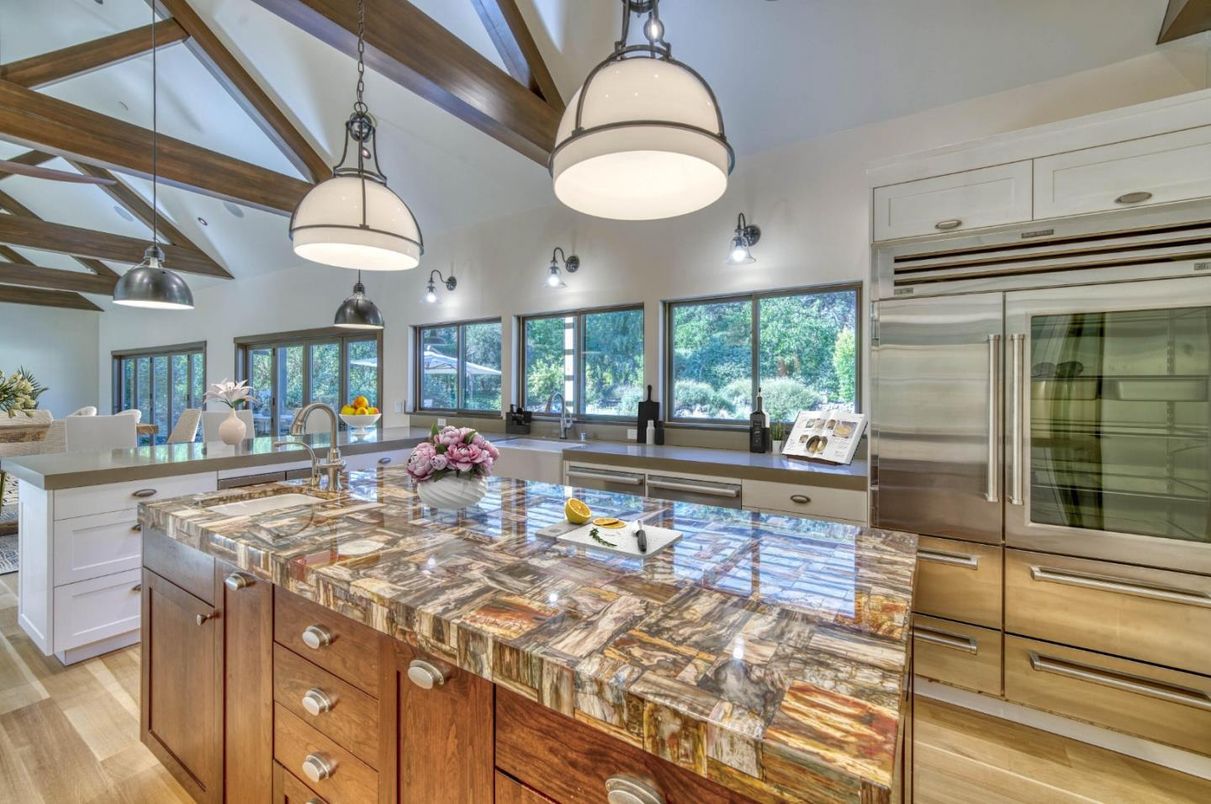 Interior, Kitchen, Pendant Lights, Stainless Steel Appliances, Wooden Beams, Wood Texture Flooring