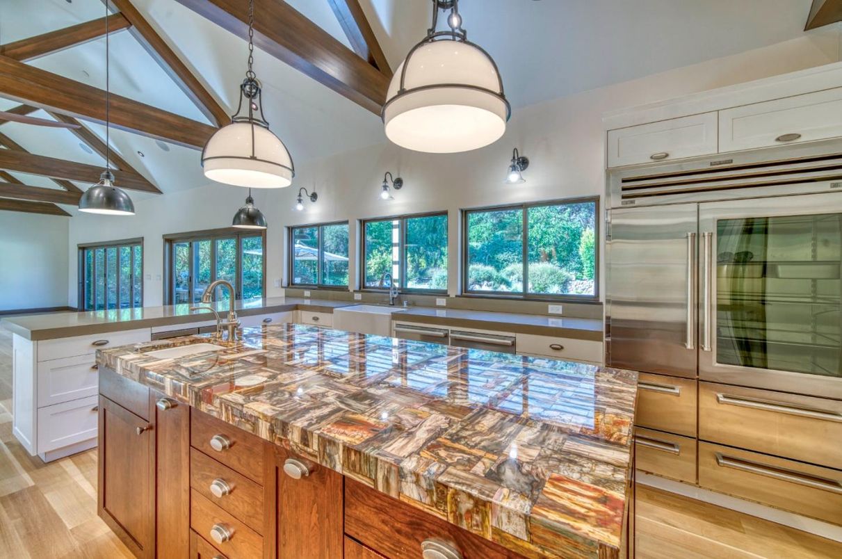 Interior, Kitchen, Pendant Lights, Stainless Steel Appliances, Wooden Beams, Wood Texture Flooring
