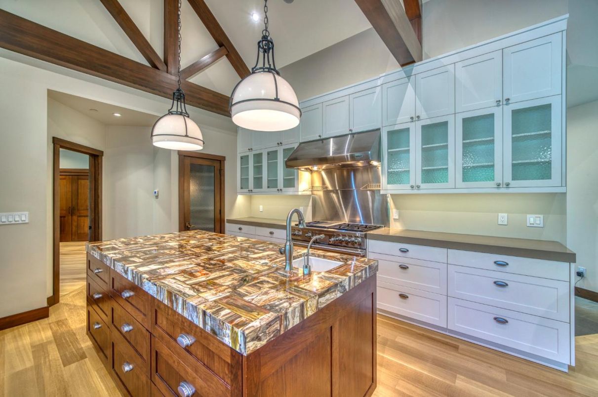 Interior, Kitchen, Pendant Lights, Recessed Lighting, Stainless Steel Appliances, Wooden Beams, Wood Texture Flooring