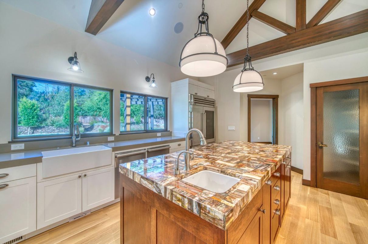 Interior, Kitchen, Pendant Lights, Recessed Lighting, Wooden Beams, Wood Texture Flooring