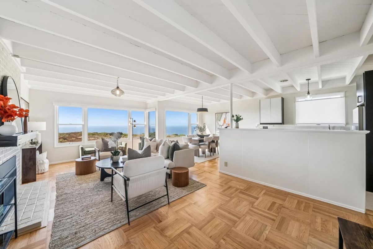 Dining room, Fireplace, Interior, Living room, Pendant Lights, Water, Wood Texture Flooring