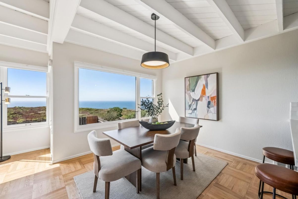 Dining room, Interior, Pendant Lights, Water, Wood Texture Flooring