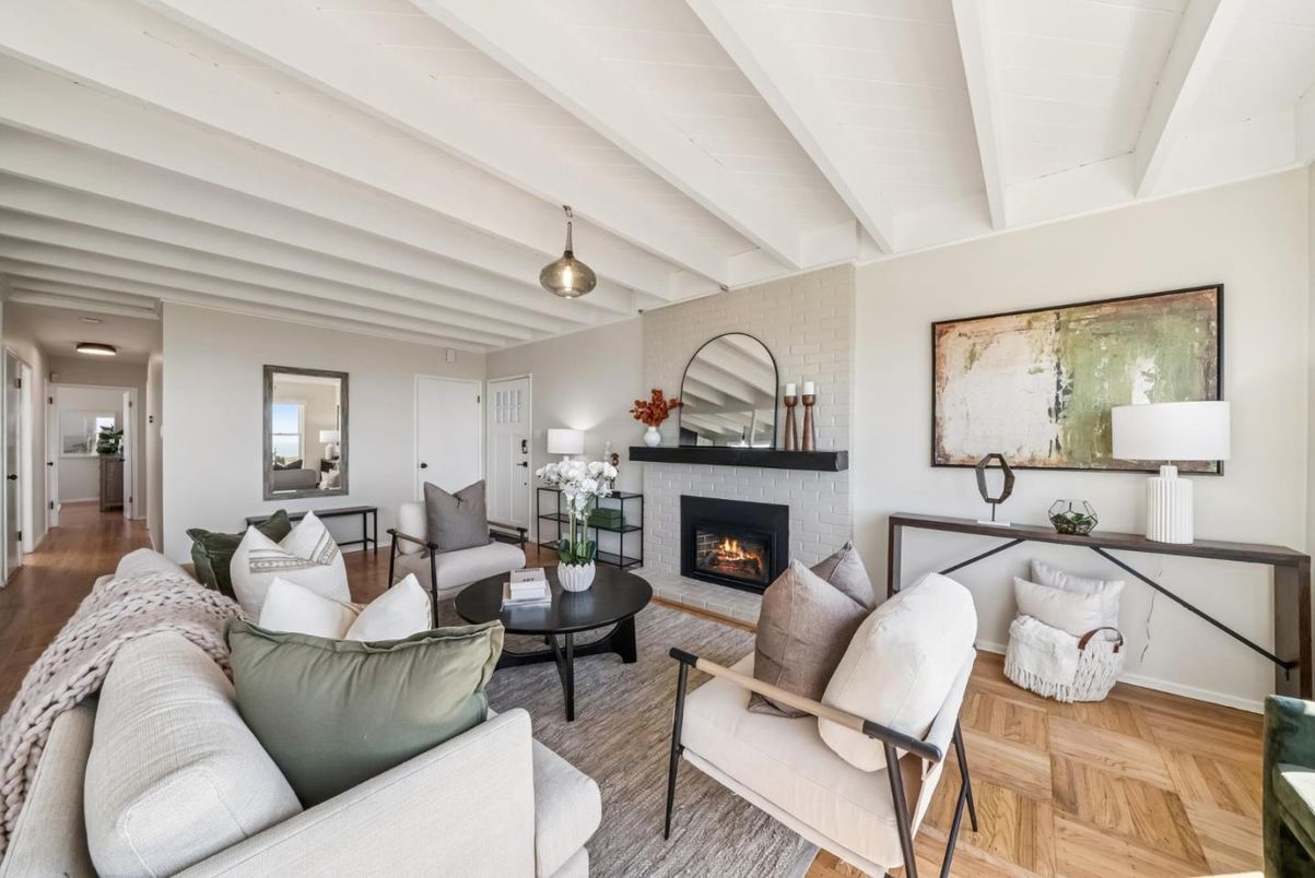 Fireplace, Interior, Living room, Pendant Lights, Wood Texture Flooring