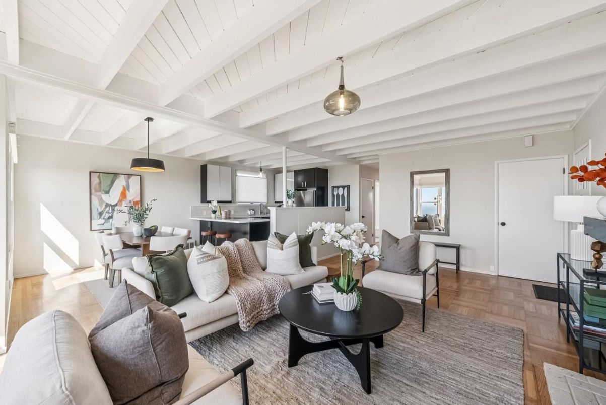 Dining room, Interior, Kitchen, Living room, Pendant Lights, Stainless Steel Appliances, Wood Texture Flooring