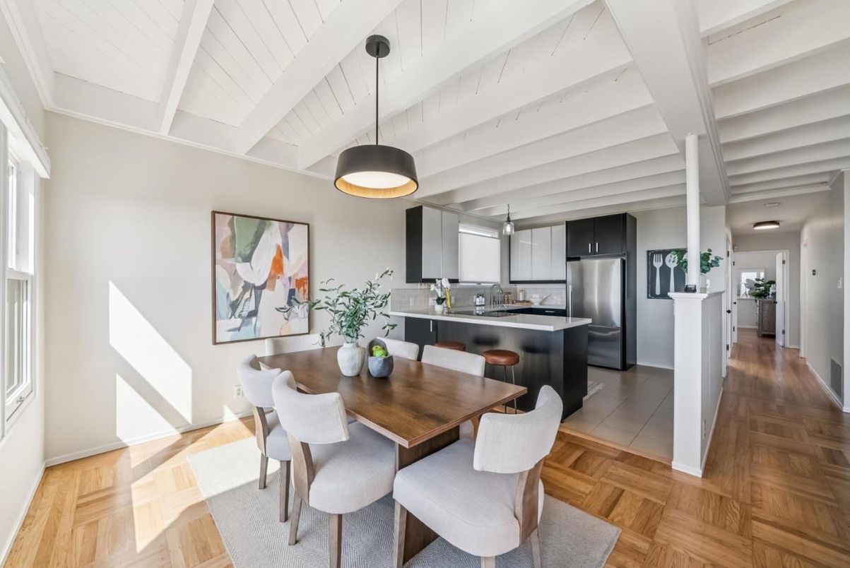 Dining room, Interior, Kitchen, Pendant Lights, Stainless Steel Appliances, Wood Texture Flooring
