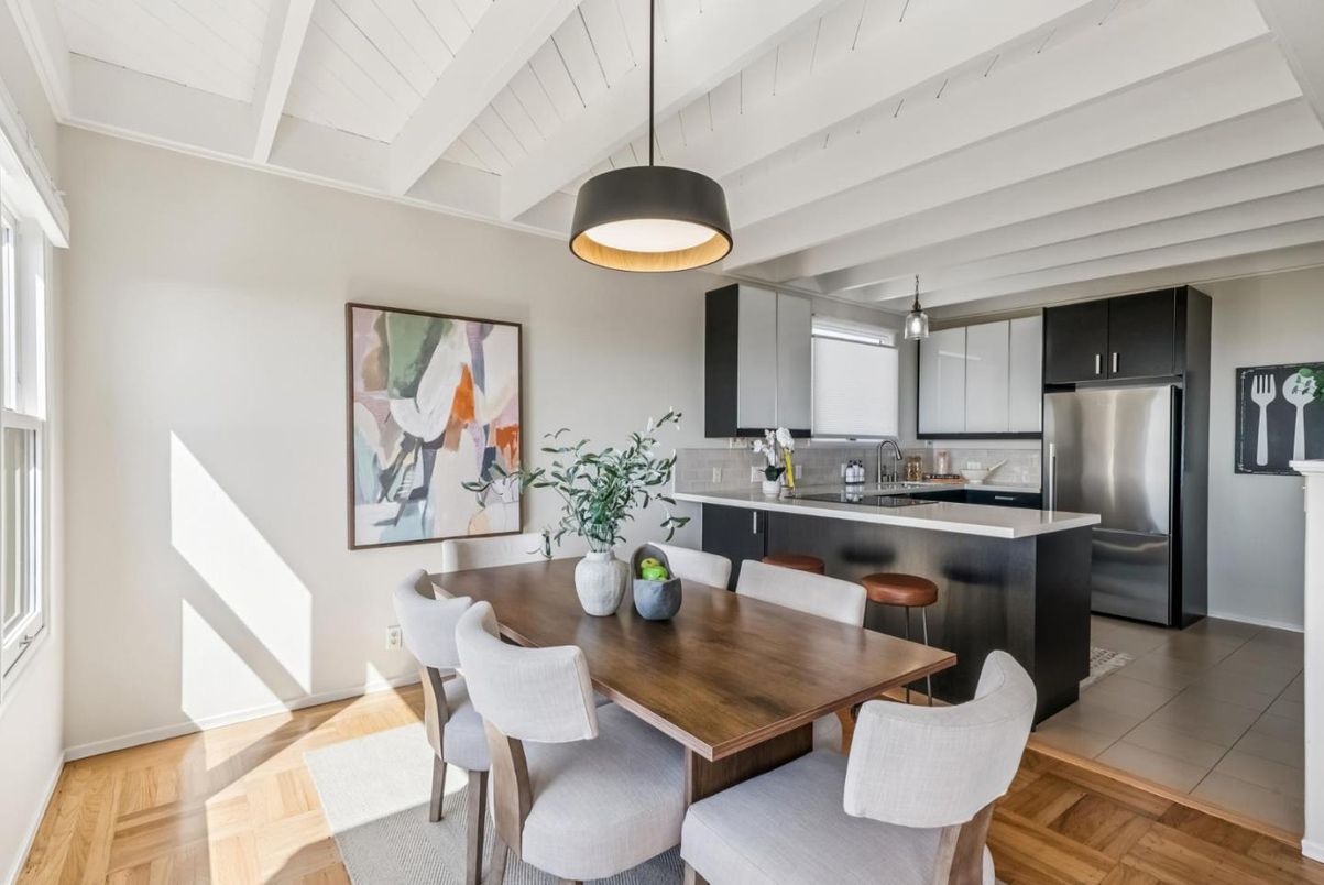 Dining room, Interior, Kitchen, Pendant Lights, Stainless Steel Appliances, Wood Texture Flooring