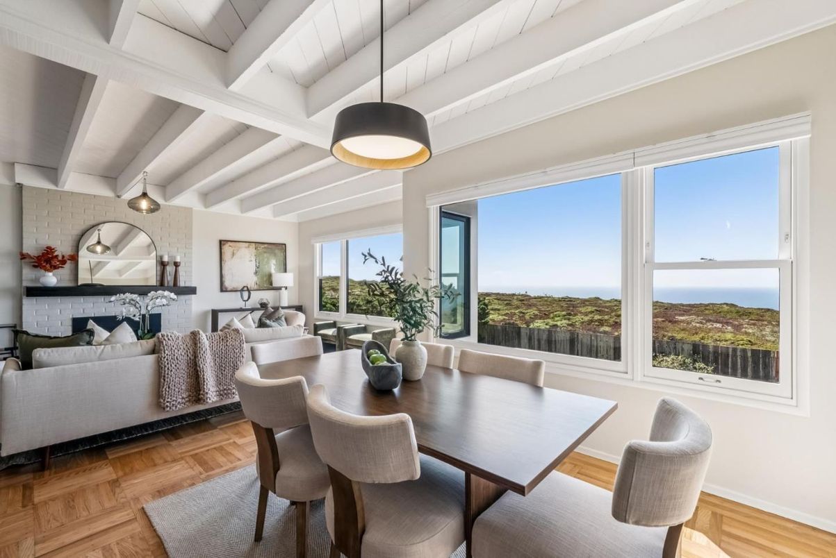 Dining room, Interior, Living room, Pendant Lights, Water, Wood Texture Flooring