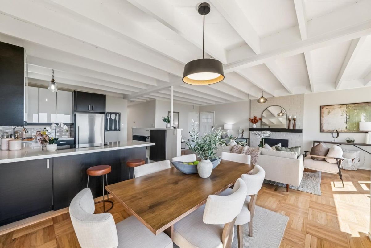Dining room, Interior, Kitchen, Living room, Pendant Lights, Stainless Steel Appliances, Wood Texture Flooring