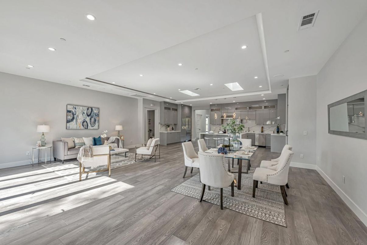 Dining room, Interior, Kitchen, Living room, Recessed Lighting, Wood Texture Flooring