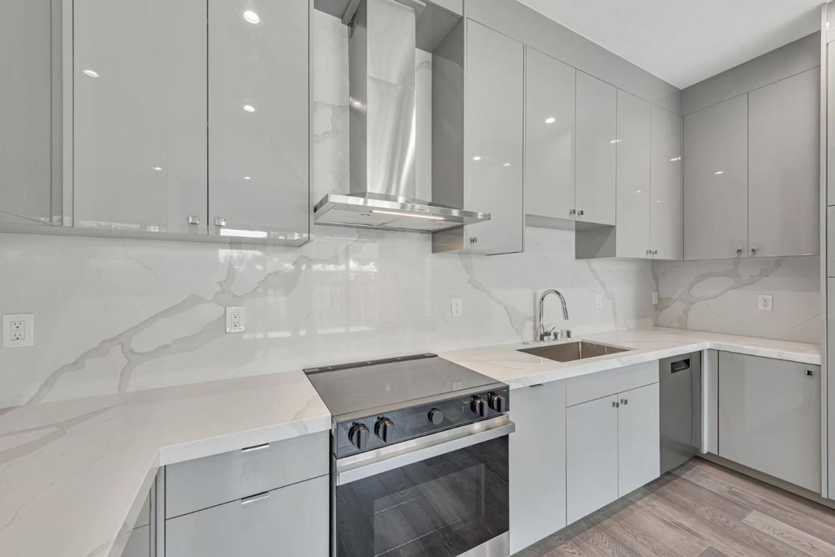 Interior, Kitchen, Marble Walls, Stainless Steel Appliances, Wood Texture Flooring