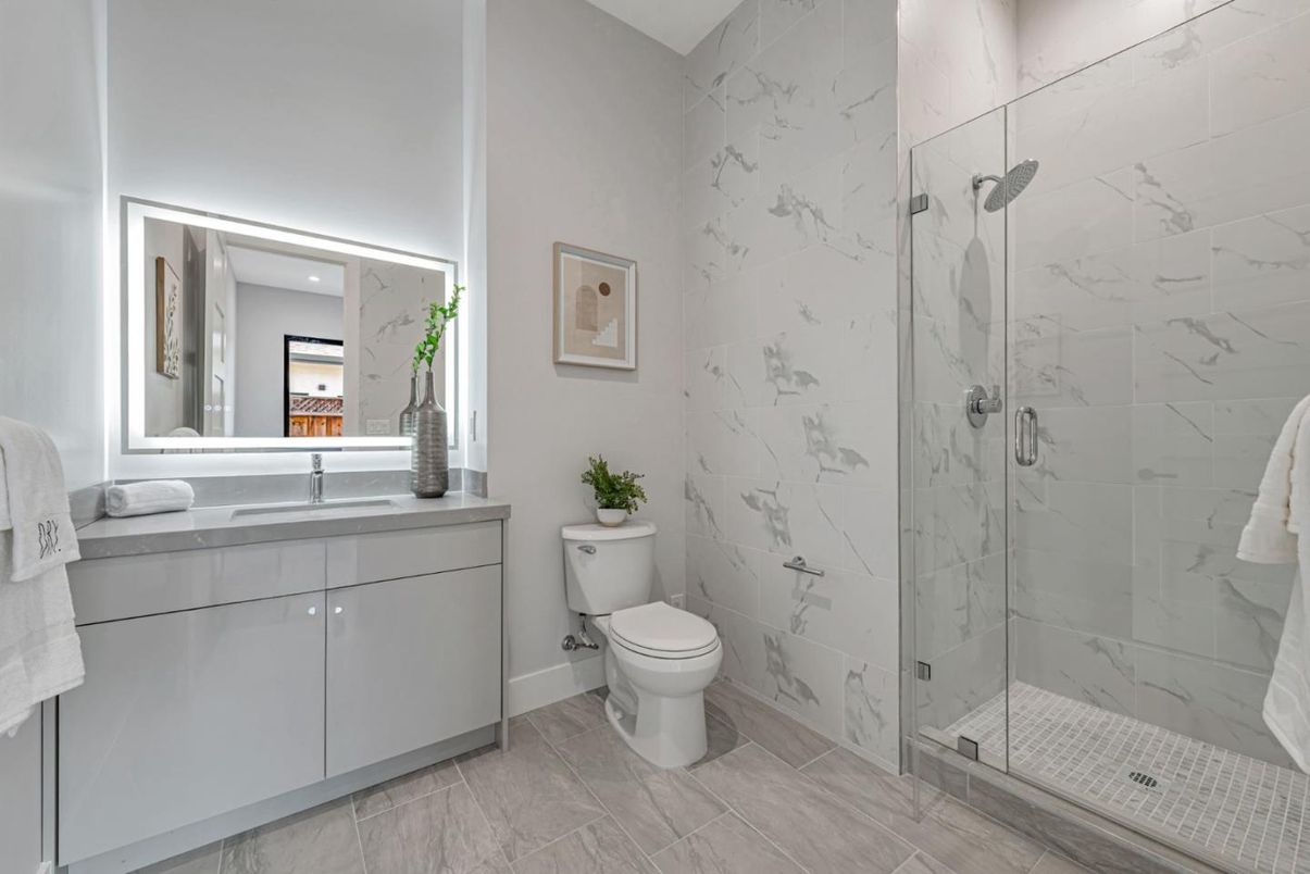 Bathroom, Glass Shower, Interior, Marble Walls, Recessed Lighting