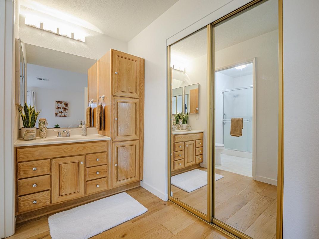 Bathroom, Glass Shower, Interior, Wood Texture Flooring