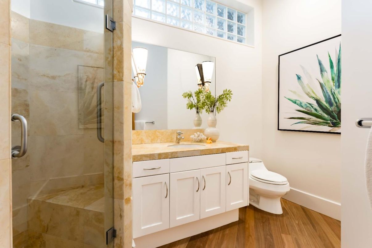 Bathroom, Glass Shower, Interior, Wood Texture Flooring