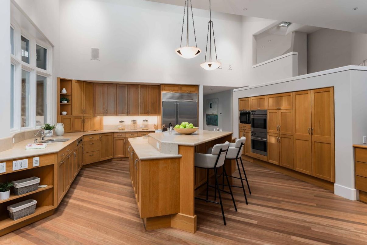 Interior, Kitchen, Pendant Lights, Recessed Lighting, Stainless Steel Appliances, Wood Texture Flooring