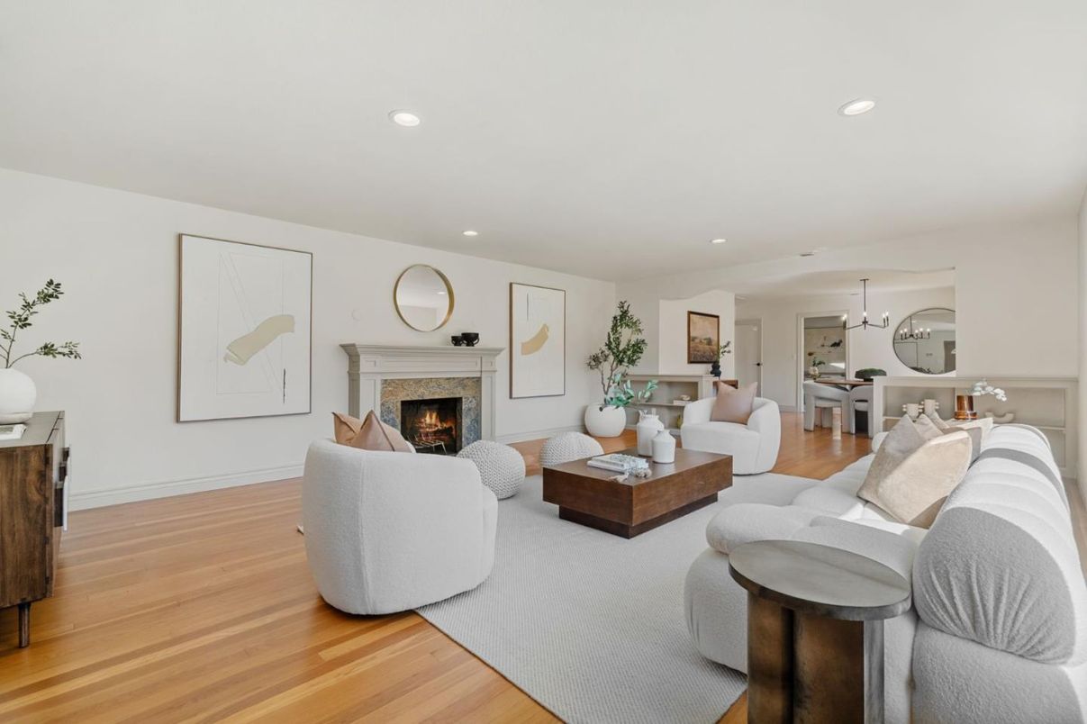 Dining room, Fireplace, Interior, Living room, Pendant Lights, Recessed Lighting, Wood Texture Flooring