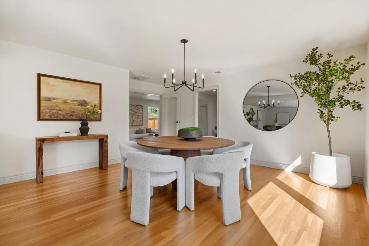 Dining room, Interior, Pendant Lights, Wood Texture Flooring