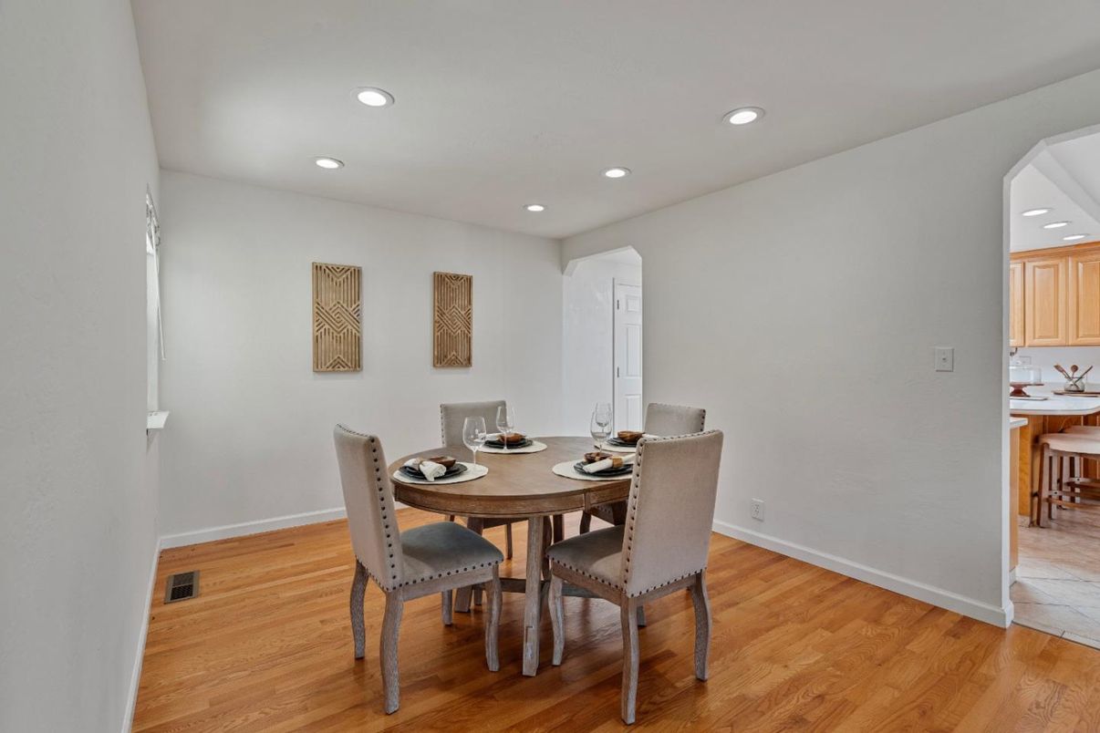 Dining room, Interior, Recessed Lighting, Wood Texture Flooring