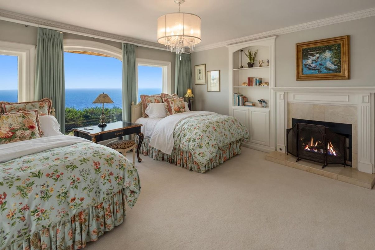 Bedroom, Chandelier, Fireplace, Interior, Water