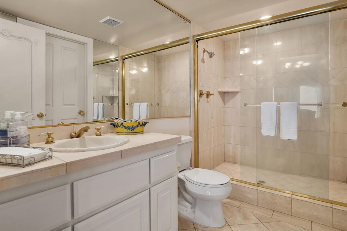 Bathroom, Glass Shower, Interior, Recessed Lighting, Tile Countertops